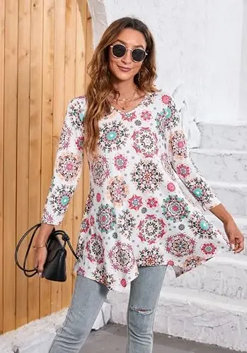 ENMAIN Tunic Tops for Women 3/4 Sleeve Plus Size Women's Tunics Loose Fit Floral Swing Flare Ladies Blouse for Leggings - 4