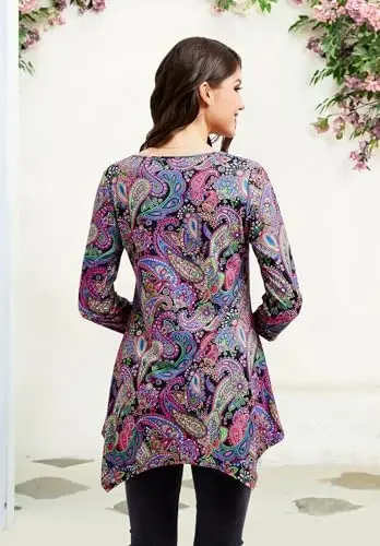 ENMAIN Tunic Tops for Women 3/4 Sleeve Plus Size Women's Tunics Loose Fit Floral Swing Flare Ladies Blouse for Leggings - 2