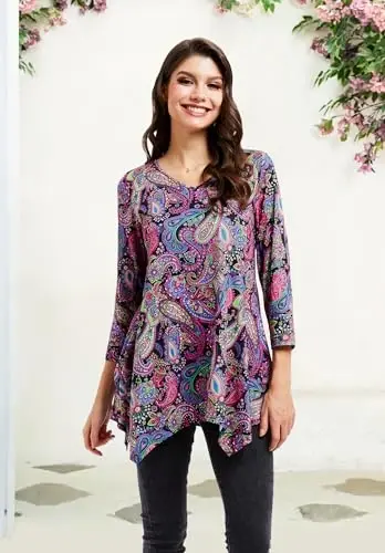 ENMAIN Tunic Tops for Women 3/4 Sleeve Plus Size Women's Tunics Loose Fit Floral Swing Flare Ladies Blouse for Leggings - 5