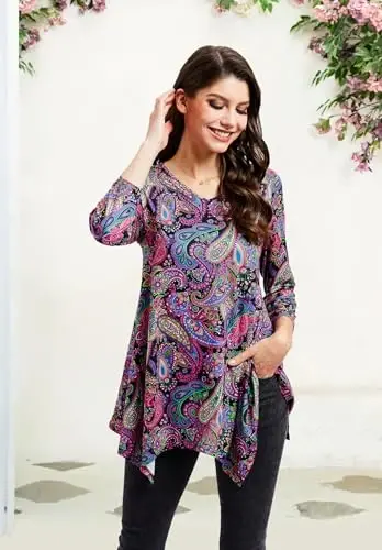 ENMAIN Tunic Tops for Women 3/4 Sleeve Plus Size Women's Tunics Loose Fit Floral Swing Flare Ladies Blouse for Leggings - 3