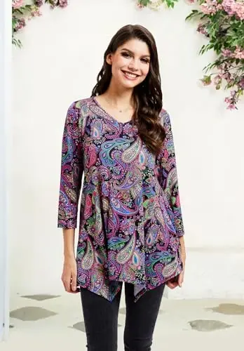 ENMAIN Tunic Tops for Women 3/4 Sleeve Plus Size Women's Tunics Loose Fit Floral Swing Flare Ladies Blouse for Leggings - 4