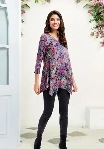 ENMAIN Tunic Tops for Women 3/4 Sleeve Plus Size Women's Tunics Loose Fit Floral Swing Flare Ladies Blouse for Leggings - 6