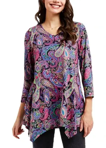 ENMAIN Tunic Tops for Women 3/4 Sleeve Plus Size Women's Tunics Loose Fit Floral Swing Flare Ladies Blouse for Leggings - ENMAIN
