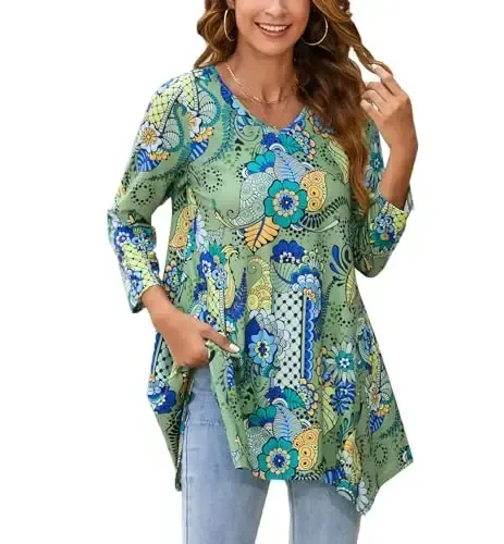 ENMAIN Tunic Tops for Women 3/4 Sleeve Plus Size Women's Tunics Loose Fit Floral Swing Flare Ladies Blouse for Leggings - 1