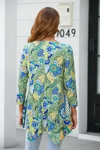 ENMAIN Tunic Tops for Women 3/4 Sleeve Plus Size Women's Tunics Loose Fit Floral Swing Flare Ladies Blouse for Leggings - 2