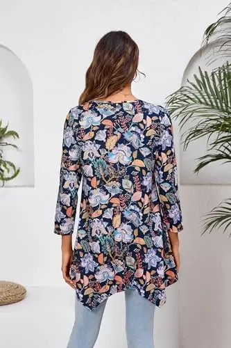 ENMAIN Tunic Tops for Women 3/4 Sleeve Plus Size Women's Tunics Loose Fit Floral Swing Flare Ladies Blouse for Leggings - 2