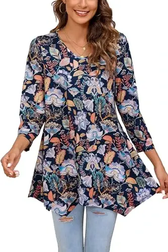 ENMAIN Tunic Tops for Women 3/4 Sleeve Plus Size Women's Tunics Loose Fit Floral Swing Flare Ladies Blouse for Leggings 