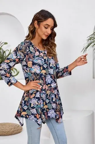 ENMAIN Tunic Tops for Women 3/4 Sleeve Plus Size Women's Tunics Loose Fit Floral Swing Flare Ladies Blouse for Leggings - 4