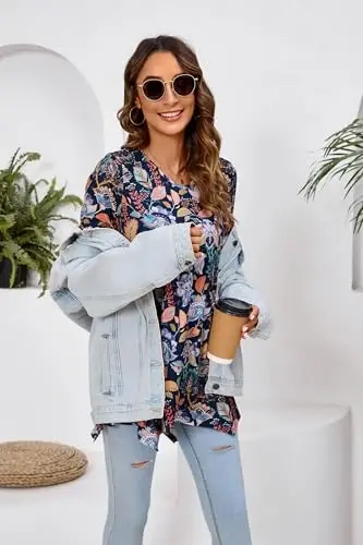 ENMAIN Tunic Tops for Women 3/4 Sleeve Plus Size Women's Tunics Loose Fit Floral Swing Flare Ladies Blouse for Leggings - 6