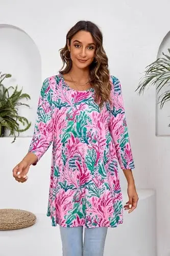 ENMAIN Tunic Tops for Women 3/4 Sleeve Plus Size Women's Tunics Loose Fit Floral Swing Flare Ladies Blouse for Leggings - 3
