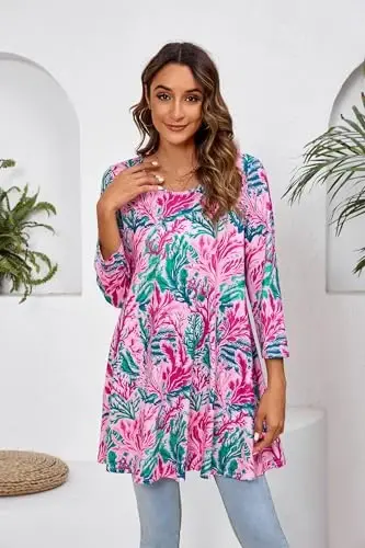 ENMAIN Tunic Tops for Women 3/4 Sleeve Plus Size Women's Tunics Loose Fit Floral Swing Flare Ladies Blouse for Leggings - 4
