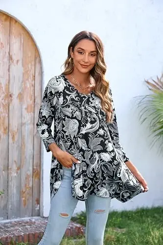 ENMAIN Tunic Tops for Women 3/4 Sleeve Plus Size Women's Tunics Loose Fit Floral Swing Flare Ladies Blouse for Leggings - 2