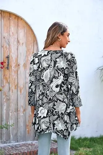 ENMAIN Tunic Tops for Women 3/4 Sleeve Plus Size Women's Tunics Loose Fit Floral Swing Flare Ladies Blouse for Leggings - 3