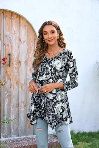 ENMAIN Tunic Tops for Women 3/4 Sleeve Plus Size Women's Tunics Loose Fit Floral Swing Flare Ladies Blouse for Leggings - 5