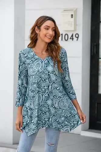 ENMAIN Tunic Tops for Women 3/4 Sleeve Plus Size Women's Tunics Loose Fit Floral Swing Flare Ladies Blouse for Leggings - 4