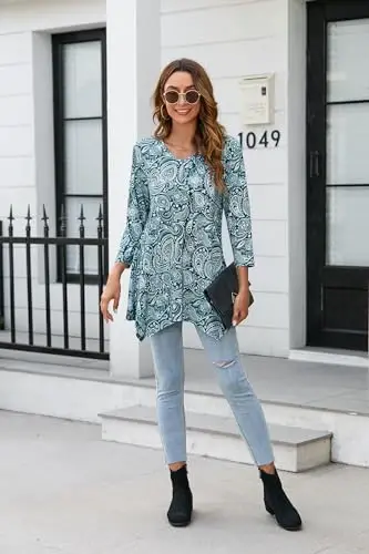 ENMAIN Tunic Tops for Women 3/4 Sleeve Plus Size Women's Tunics Loose Fit Floral Swing Flare Ladies Blouse for Leggings - 5