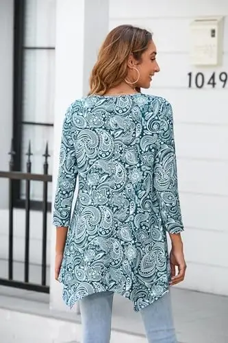 ENMAIN Tunic Tops for Women 3/4 Sleeve Plus Size Women's Tunics Loose Fit Floral Swing Flare Ladies Blouse for Leggings - 2