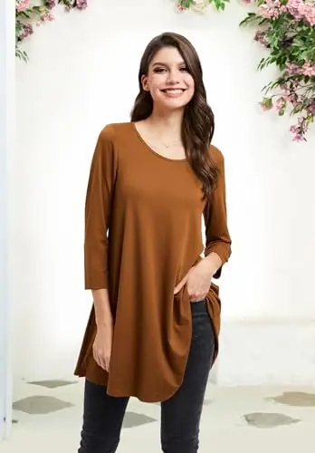 ENMAIN Tunic Tops for Women 3/4 Sleeve Plus Size Women's Tunics Loose Fit Floral Swing Flare Ladies Blouse for Leggings - 4