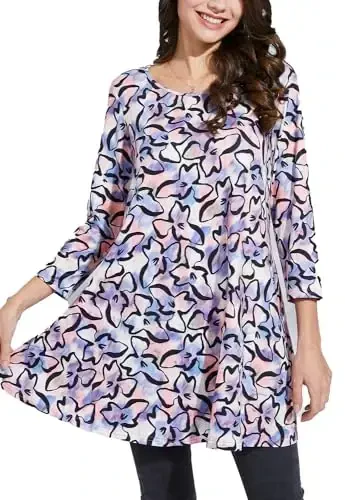 ENMAIN Tunic Tops for Women 3/4 Sleeve Plus Size Women's Tunics Loose Fit Floral Swing Flare Ladies Blouse for Leggings - 1