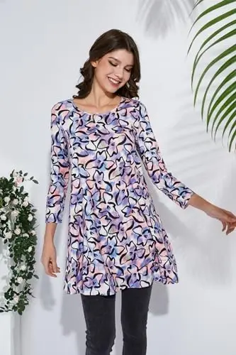 ENMAIN Tunic Tops for Women 3/4 Sleeve Plus Size Women's Tunics Loose Fit Floral Swing Flare Ladies Blouse for Leggings - 3