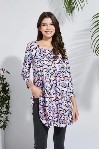 ENMAIN Tunic Tops for Women 3/4 Sleeve Plus Size Women's Tunics Loose Fit Floral Swing Flare Ladies Blouse for Leggings - 5