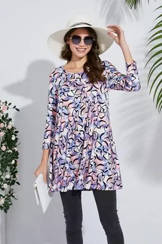 ENMAIN Tunic Tops for Women 3/4 Sleeve Plus Size Women's Tunics Loose Fit Floral Swing Flare Ladies Blouse for Leggings - 6