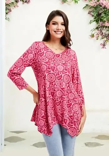 ENMAIN Tunic Tops for Women 3/4 Sleeve Plus Size Women's Tunics Loose Fit Floral Swing Flare Ladies Blouse for Leggings - 3
