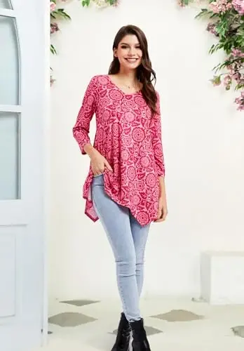 ENMAIN Tunic Tops for Women 3/4 Sleeve Plus Size Women's Tunics Loose Fit Floral Swing Flare Ladies Blouse for Leggings - 6