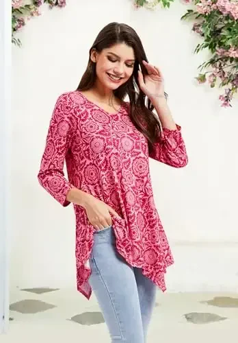 ENMAIN Tunic Tops for Women 3/4 Sleeve Plus Size Women's Tunics Loose Fit Floral Swing Flare Ladies Blouse for Leggings - 4