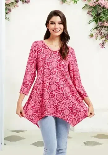 ENMAIN Tunic Tops for Women 3/4 Sleeve Plus Size Women's Tunics Loose Fit Floral Swing Flare Ladies Blouse for Leggings - 5