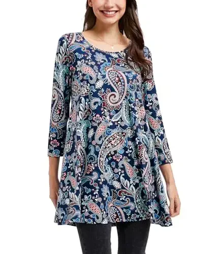 ENMAIN Tunic Tops for Women 3/4 Sleeve Plus Size Women's Tunics Loose Fit Floral Swing Flare Ladies Blouse for Leggings - ENMAIN