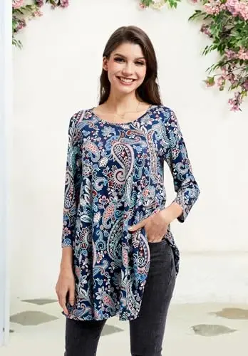 ENMAIN Tunic Tops for Women 3/4 Sleeve Plus Size Women's Tunics Loose Fit Floral Swing Flare Ladies Blouse for Leggings - 4