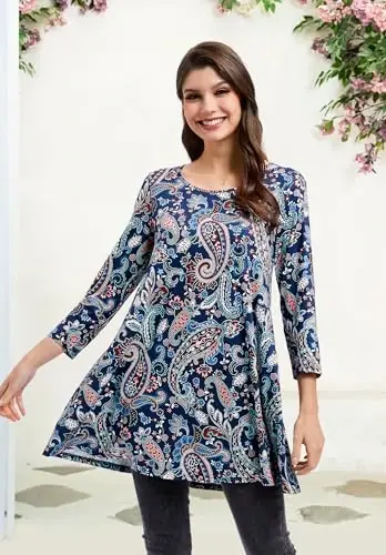 ENMAIN Tunic Tops for Women 3/4 Sleeve Plus Size Women's Tunics Loose Fit Floral Swing Flare Ladies Blouse for Leggings - 5