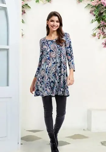 ENMAIN Tunic Tops for Women 3/4 Sleeve Plus Size Women's Tunics Loose Fit Floral Swing Flare Ladies Blouse for Leggings - 6