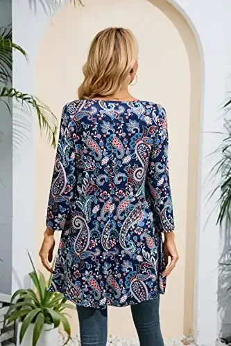 ENMAIN Tunic Tops for Women 3/4 Sleeve Plus Size Women's Tunics Loose Fit Floral Swing Flare Ladies Blouse for Leggings - 2