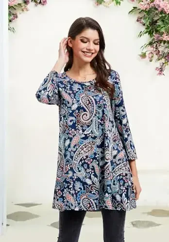 ENMAIN Tunic Tops for Women 3/4 Sleeve Plus Size Women's Tunics Loose Fit Floral Swing Flare Ladies Blouse for Leggings - 3