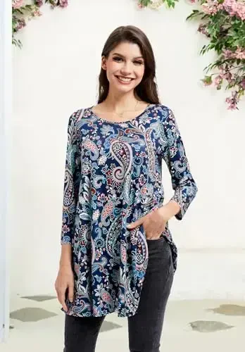 ENMAIN Tunic Tops for Women 3/4 Sleeve Plus Size Women's Tunics Loose Fit Floral Swing Flare Ladies Blouse for Leggings - 4