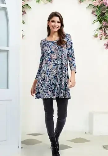 ENMAIN Tunic Tops for Women 3/4 Sleeve Plus Size Women's Tunics Loose Fit Floral Swing Flare Ladies Blouse for Leggings - 6