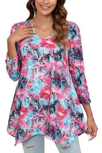 ENMAIN Tunic Tops for Women 3/4 Sleeve Plus Size Women's Tunics Loose Fit Floral Swing Flare Ladies Blouse for Leggings - ENMAIN