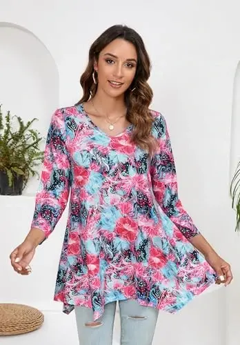 ENMAIN Tunic Tops for Women 3/4 Sleeve Plus Size Women's Tunics Loose Fit Floral Swing Flare Ladies Blouse for Leggings - 4