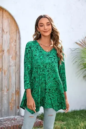 ENMAIN Tunic Tops for Women 3/4 Sleeve Plus Size Women's Tunics Loose Fit Floral Swing Flare Ladies Blouse for Leggings - 5
