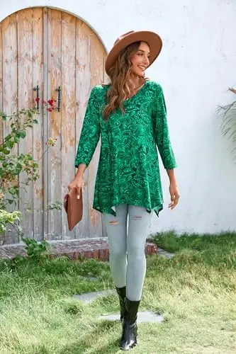 ENMAIN Tunic Tops for Women 3/4 Sleeve Plus Size Women's Tunics Loose Fit Floral Swing Flare Ladies Blouse for Leggings - 6
