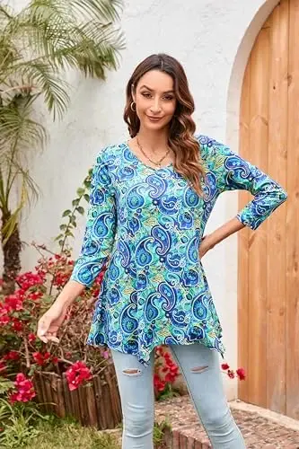 ENMAIN Tunic Tops for Women 3/4 Sleeve Plus Size Women's Tunics Loose Fit Floral Swing Flare Ladies Blouse for Leggings - 5