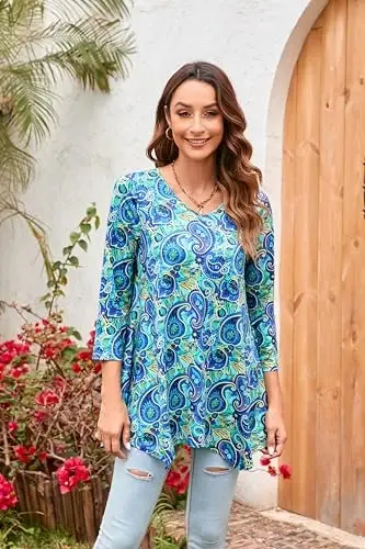 ENMAIN Tunic Tops for Women 3/4 Sleeve Plus Size Women's Tunics Loose Fit Floral Swing Flare Ladies Blouse for Leggings - 3