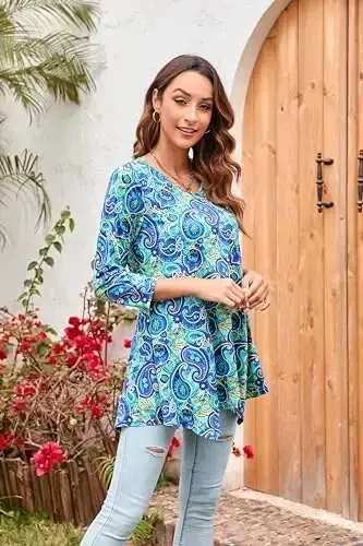 ENMAIN Tunic Tops for Women 3/4 Sleeve Plus Size Women's Tunics Loose Fit Floral Swing Flare Ladies Blouse for Leggings - 4