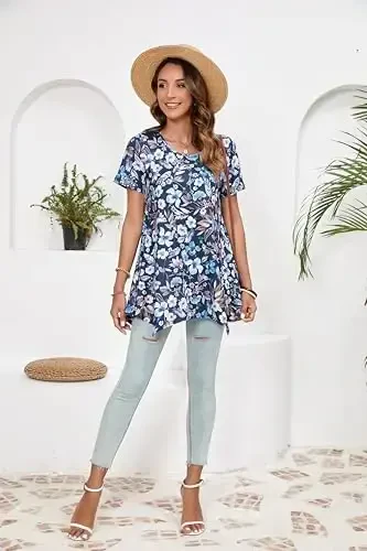 ENMAIN Tunic Tops for Women Plus Size Short Sleeve Top Loose Fit Dressy Casual Swing Summer Tunics Tops to Wear with Leggings - 10