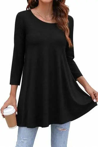 ENMAIN Women's Tops 3/4 Sleeve Dressy Casual Plus Size Tunic Tops to Wear with Leggings Swing Flare T-Shirt Loose Fit Blouses 