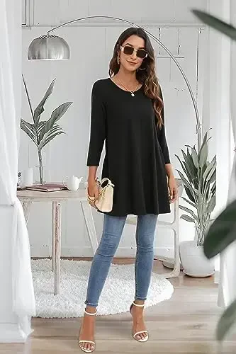 ENMAIN Women's Tops 3/4 Sleeve Dressy Casual Plus Size Tunic Tops to Wear with Leggings Swing Flare T-Shirt Loose Fit Blouses - 3