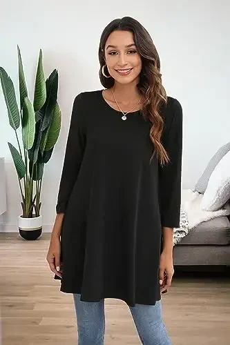 ENMAIN Women's Tops 3/4 Sleeve Dressy Casual Plus Size Tunic Tops to Wear with Leggings Swing Flare T-Shirt Loose Fit Blouses - 6