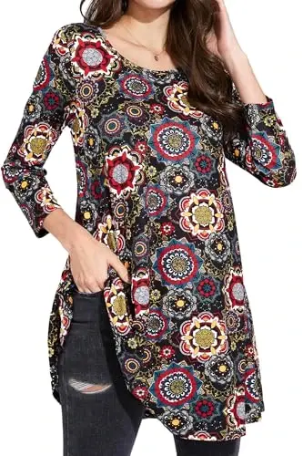 ENMAIN Women's Tops 3/4 Sleeve Dressy Casual Plus Size Tunic Tops to Wear with Leggings Swing Flare T-Shirt Loose Fit Blouses - 1